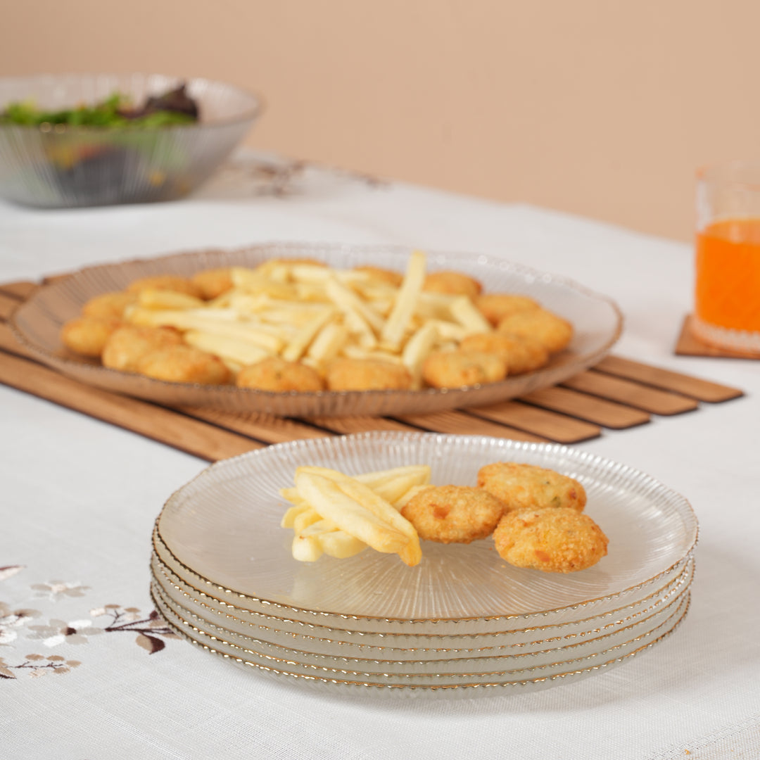 Scalloped Glass Platter Set with Gold Rim – 1 Large Tray & 6 Appetizer Plates