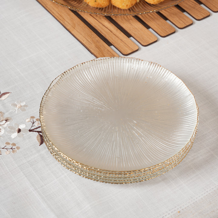 Scalloped Glass Platter Set with Gold Rim – 1 Large Tray & 6 Appetizer Plates