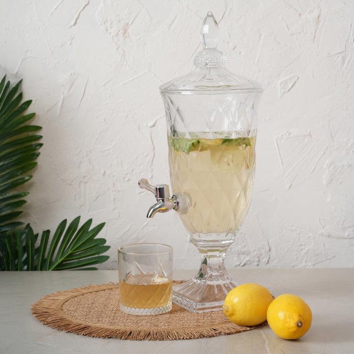 Beverage Glass Dispenser 2000ML with Glass Tumblers 350ML Set of 6 | Crystal