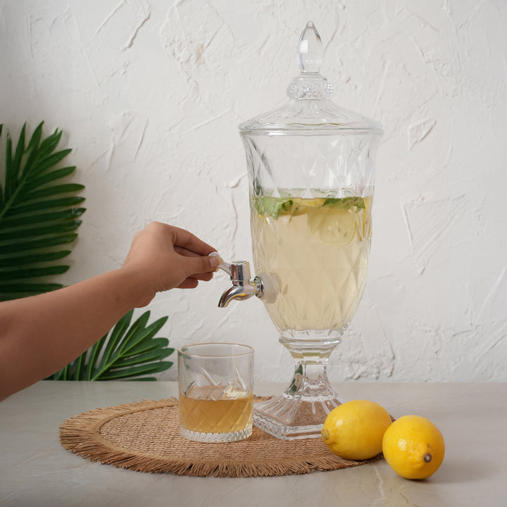Beverage Glass Dispenser 2000ML with Glass Tumblers 350ML Set of 6 | Crystal