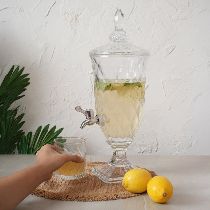 Beverage Glass Dispenser 2000ML with Glass Tumblers 350ML Set of 6 | Crystal