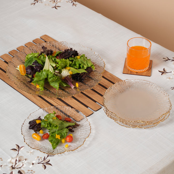 Sunburst Glass Platter Set with Gold Rim – 1 Large Tray & 6 Snack Plates