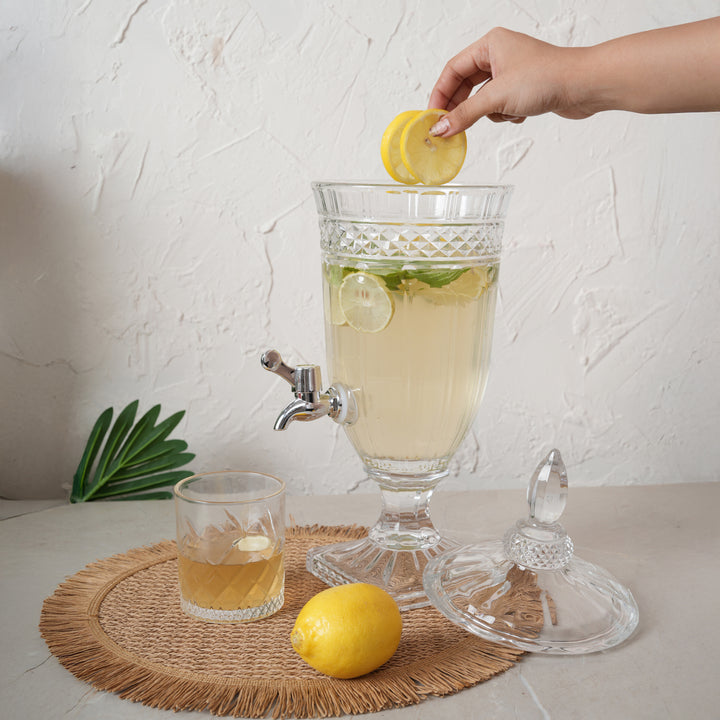 Beverage Glass Dispenser 2000ML with Glass Tumblers 350ML Set of 6 | Ribbed
