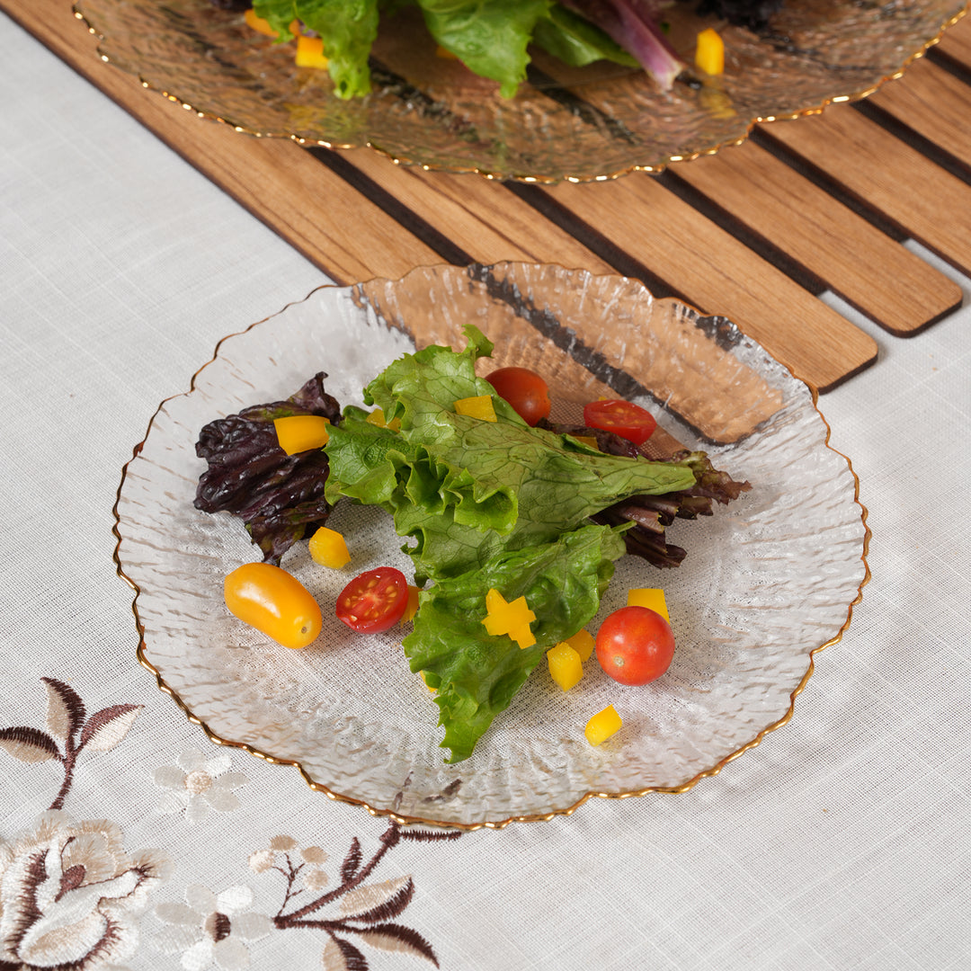 Sunburst Glass Platter Set with Gold Rim – 1 Large Tray & 6 Snack Plates