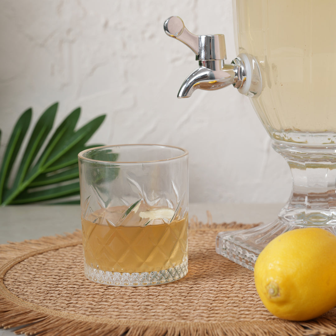 Beverage Glass Dispenser 2000ML with Glass Tumblers 350ML Set of 6 | Ribbed