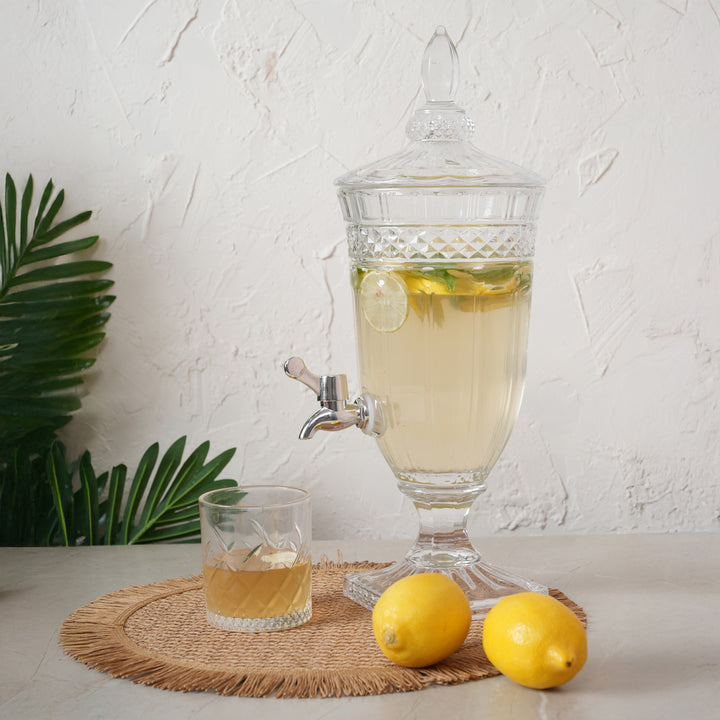 Beverage Glass Dispenser 2000ML with Glass Tumblers 350ML Set of 6 | Ribbed
