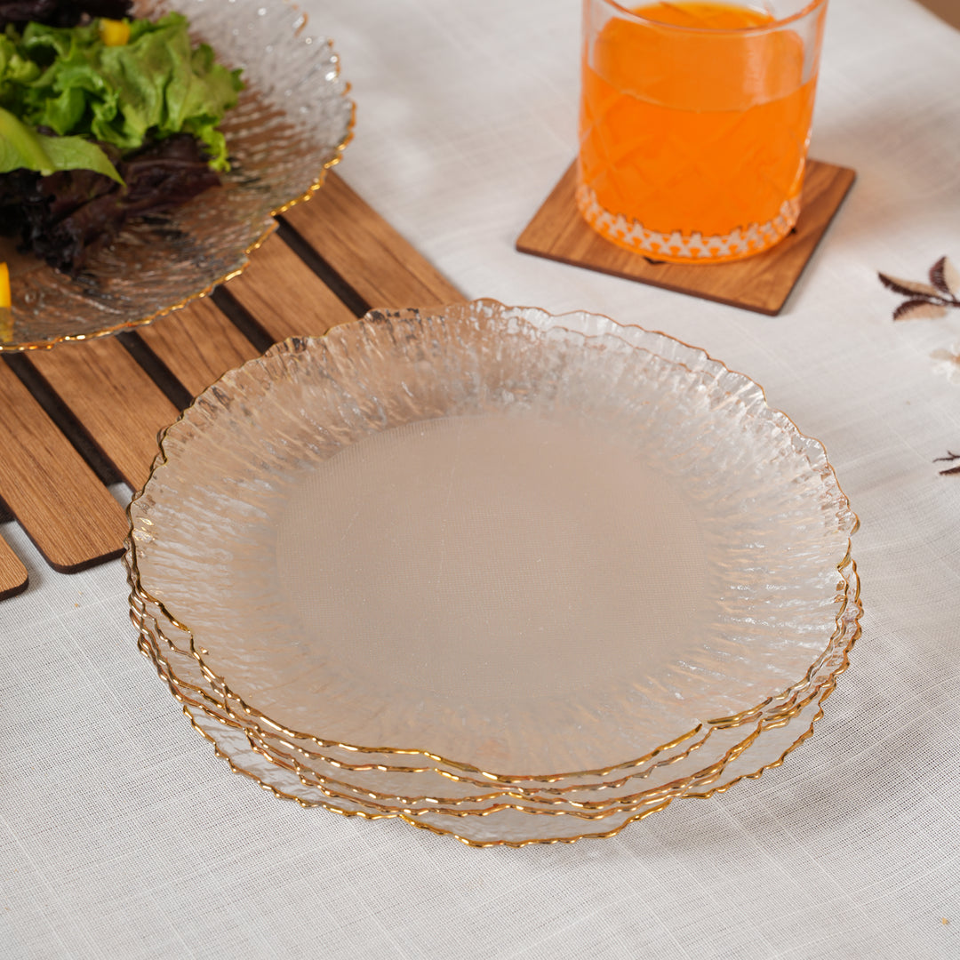Sunburst Glass Platter Set with Gold Rim – 1 Large Tray & 6 Snack Plates