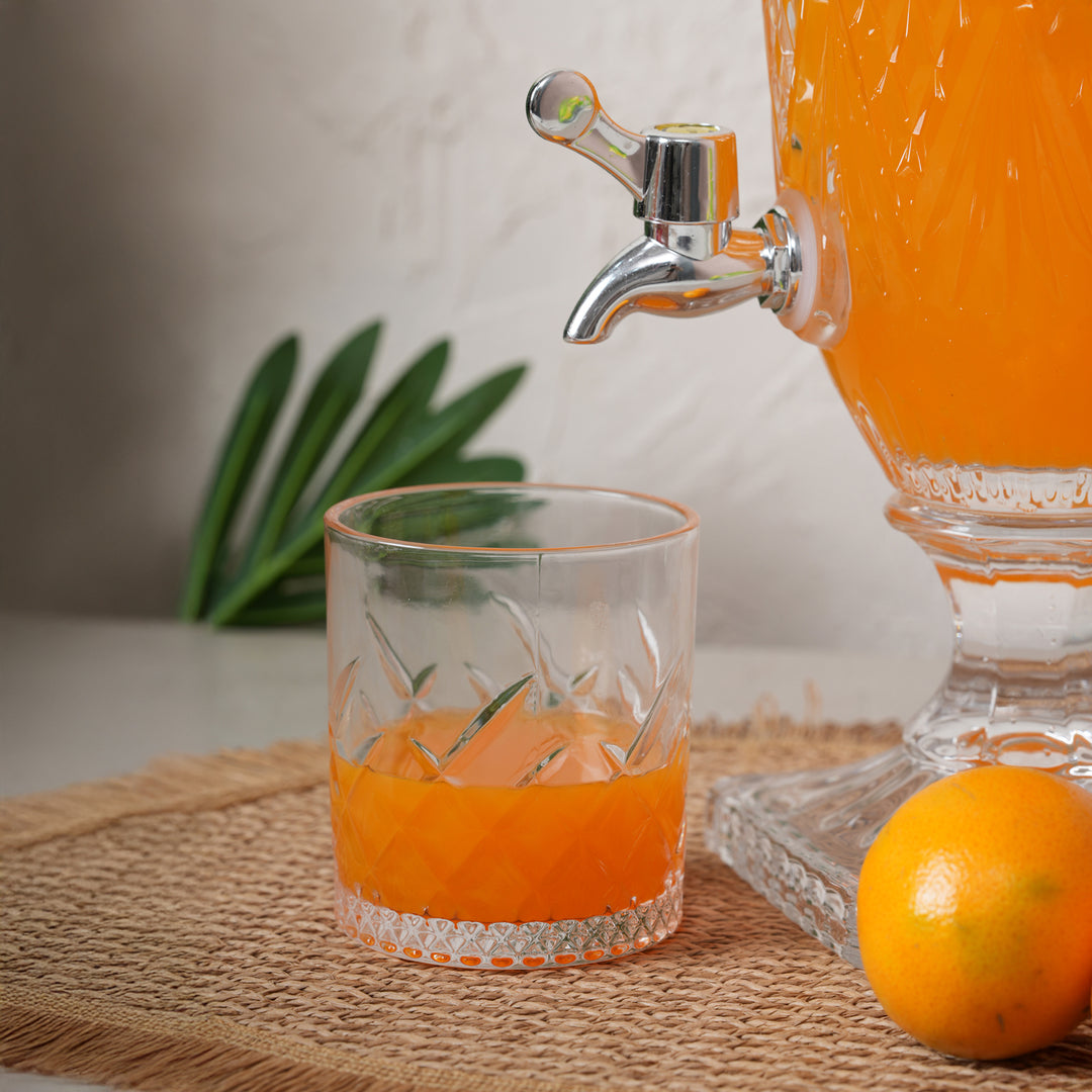 Beverage Glass Dispenser 2000ML with Glass Tumblers 350ML Set of 6 | Stripe