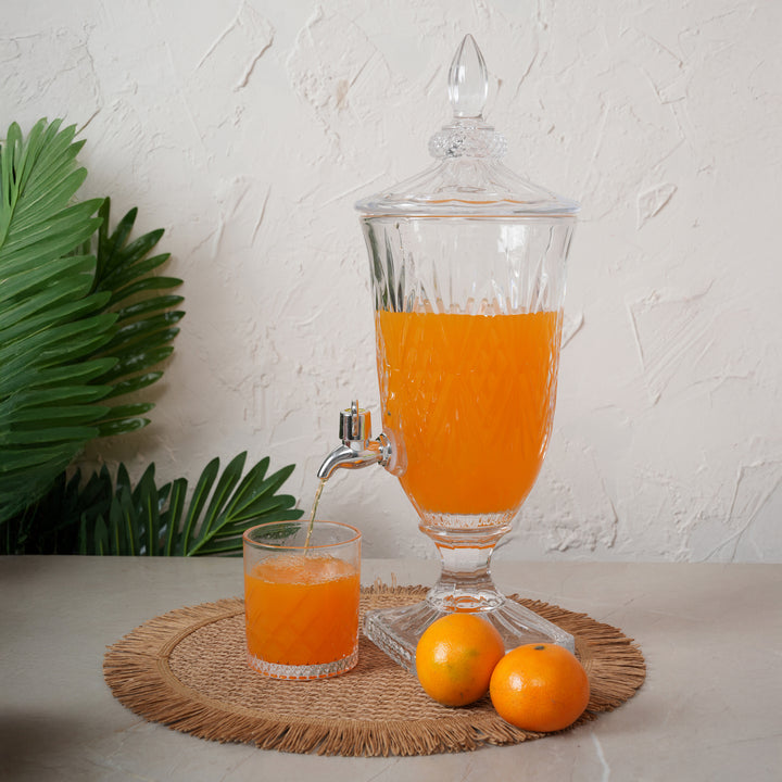 Beverage Glass Dispenser 2000ML with Glass Tumblers 350ML Set of 6 | Stripe