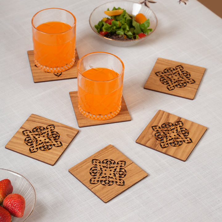 Elegant Oak-Tone Square Coaster Set with Laser-Cut Medallions