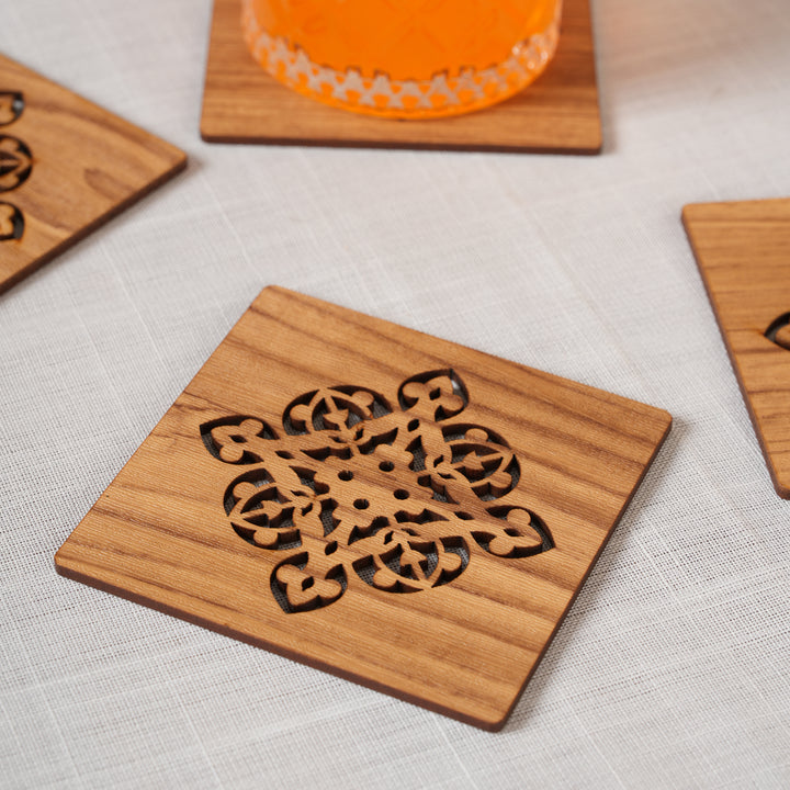 Elegant Oak-Tone Square Coaster Set with Laser-Cut Medallions