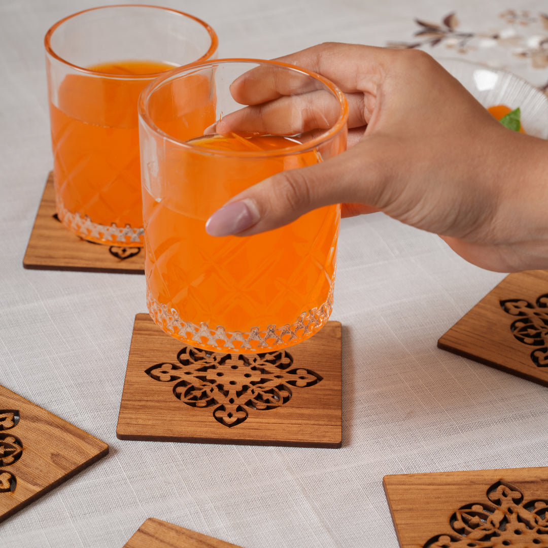 Elegant Oak-Tone Square Coaster Set with Laser-Cut Medallions