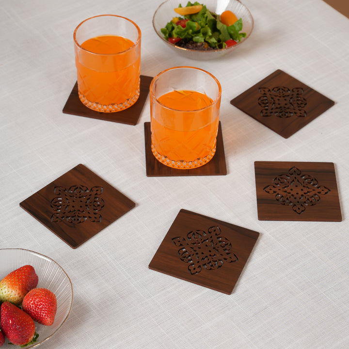 Elegant Espresso Square Coaster Set with Laser-Cut Medallions