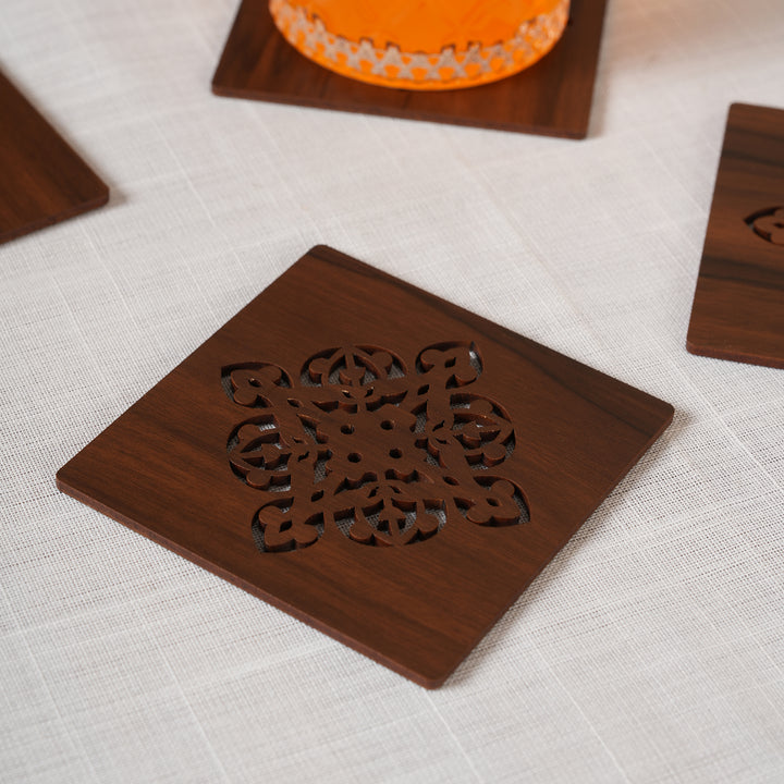 Elegant Espresso Square Coaster Set with Laser-Cut Medallions