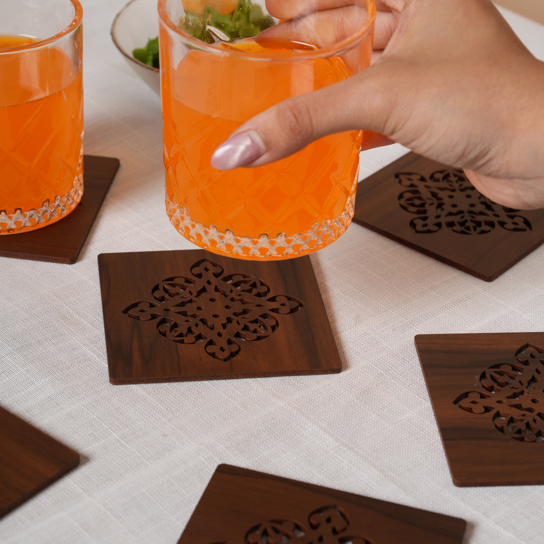 Elegant Espresso Square Coaster Set with Laser-Cut Medallions