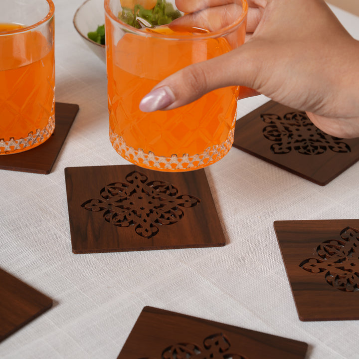 Elegant Espresso Square Coaster Set with Laser-Cut Medallions
