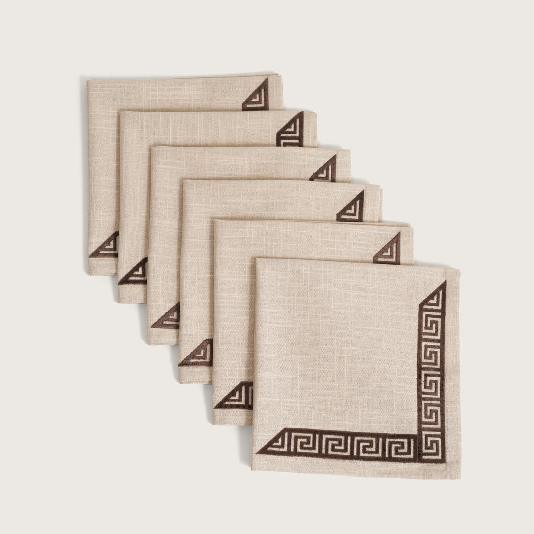 Ivory & Espresso Meander Embroidered Napkins - Set of 6