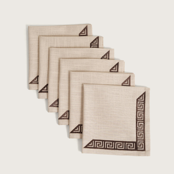 Ivory & Espresso Meander Embroidered Napkins - Set of 6