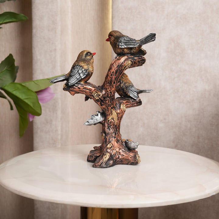 Artisan-Crafted Trio of Rustic Birds on Gilded Oak Branch