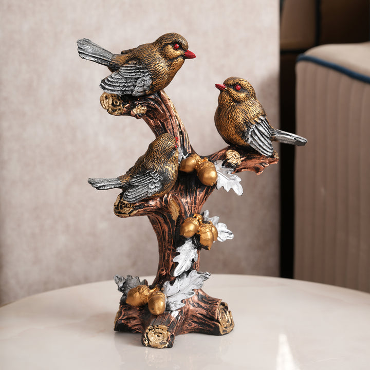Artisan-Crafted Trio of Rustic Birds on Gilded Oak Branch
