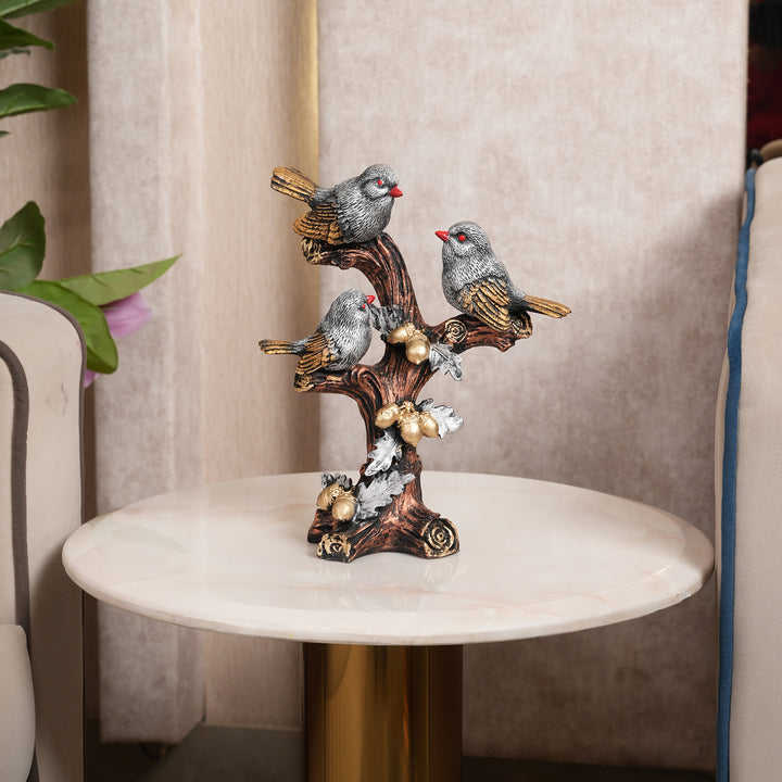Artisan-Crafted Trio of Grey Birds on Gilded Oak Branch