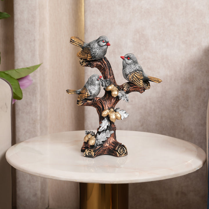 Artisan-Crafted Trio of Grey Birds on Gilded Oak Branch