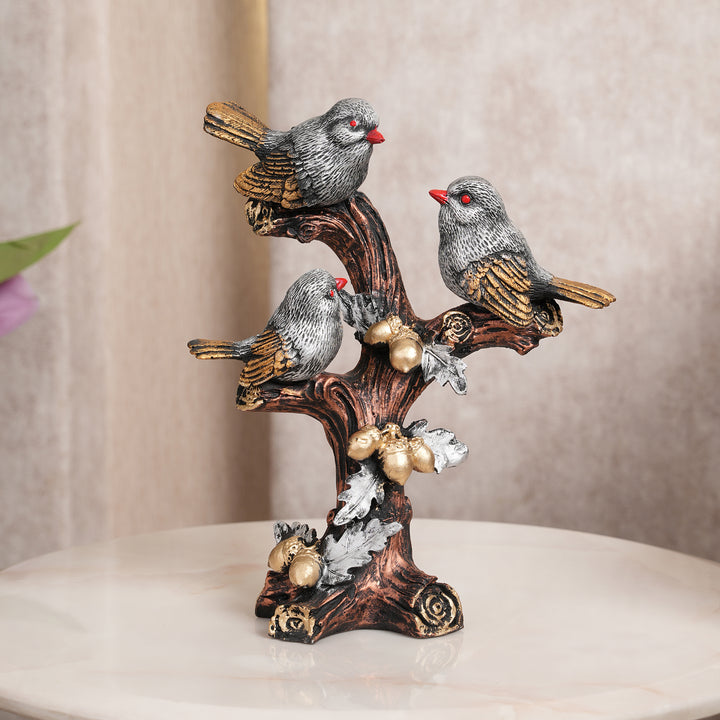 Artisan-Crafted Trio of Grey Birds on Gilded Oak Branch