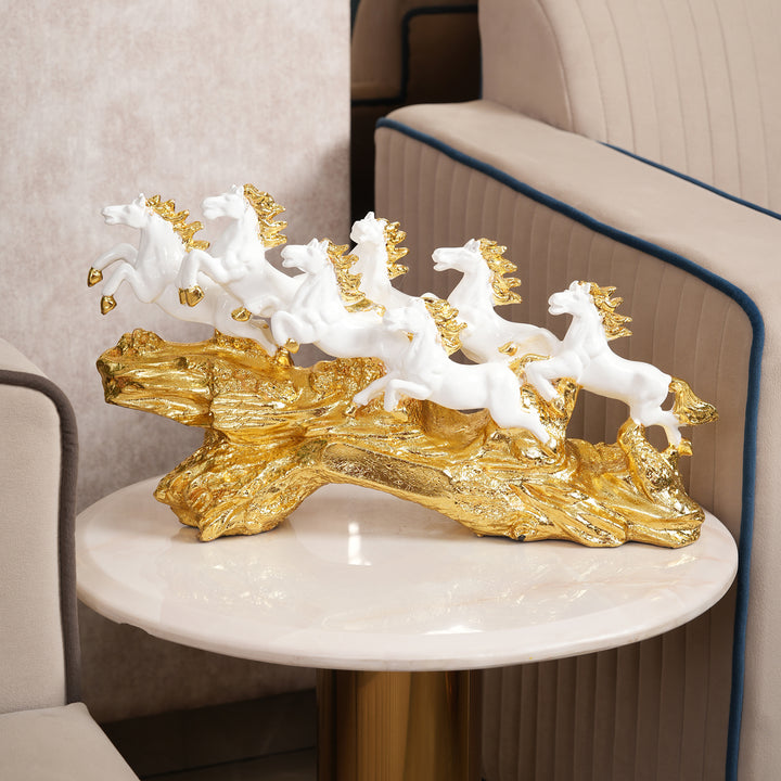 Majestic Seven Running Horses Figurine on Gilded Rocky Terrain