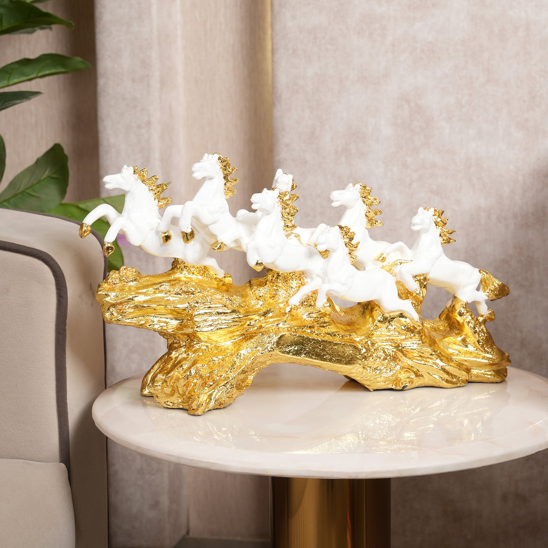 Majestic Seven Running Horses Figurine on Gilded Rocky Terrain