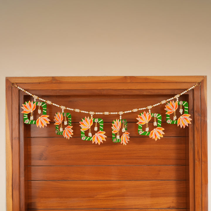 Orange Elegant Pearl & Lotus Bandhanwar for Diwali Decoration.
