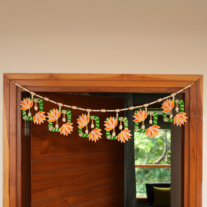 Orange Elegant Pearl & Lotus Bandhanwar for Diwali Decoration.