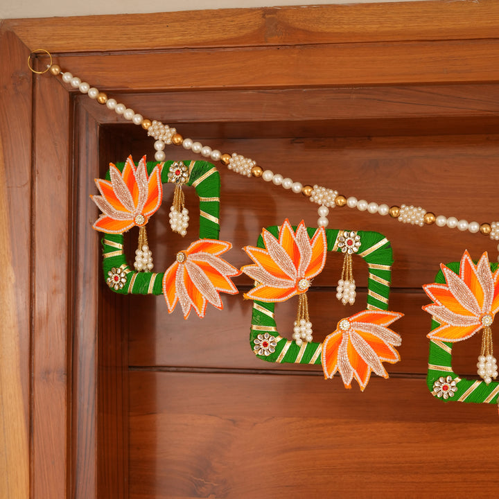 Orange Elegant Pearl & Lotus Bandhanwar for Diwali Decoration.