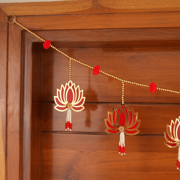Red-Modern Lotus Bead String Door Hanging for Diwali Decoration.