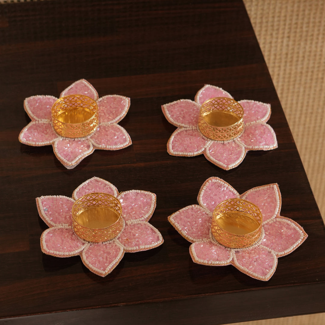 Lotus Bloom Tealight Glitter Edition Candle Holder | Candle Stand Set of 4 – Pink
