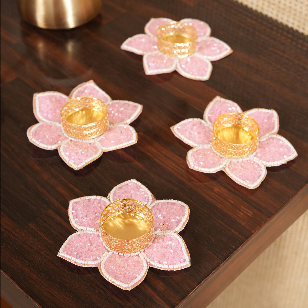 Lotus Bloom Tealight Glitter Edition Candle Holder | Candle Stand Set of 4 – Pink