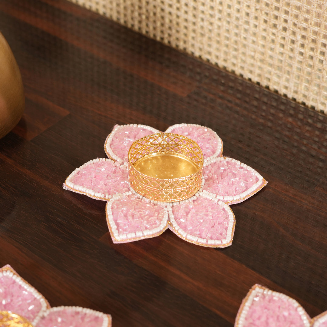 Lotus Bloom Tealight Glitter Edition Candle Holder | Candle Stand Set of 4 – Pink