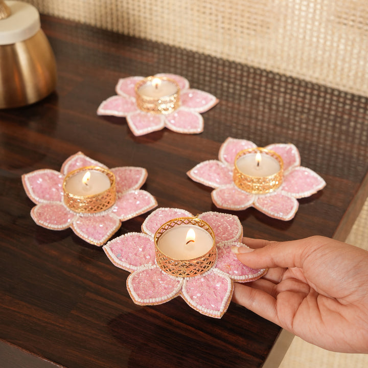 Lotus Bloom Tealight Glitter Edition Candle Holder | Candle Stand Set of 4 – Pink
