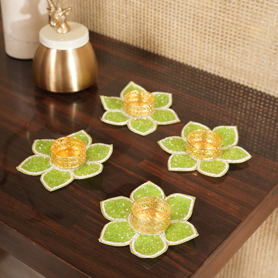 Lotus Bloom Tealight Glitter Edition Candle Holder | Candle Stand Set of 4 – Green