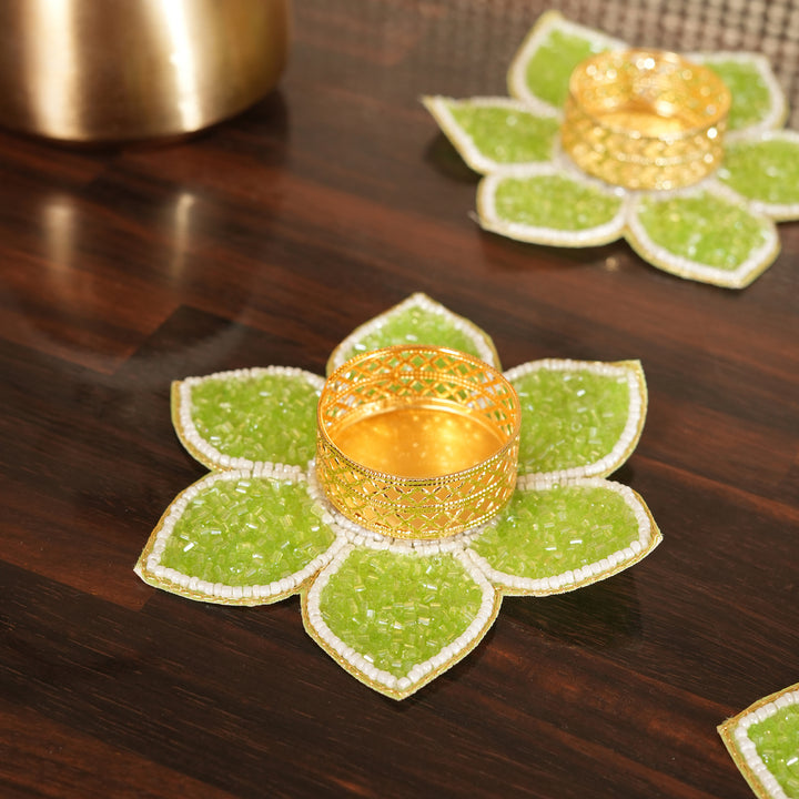 Lotus Bloom Tealight Glitter Edition Candle Holder | Candle Stand Set of 4 – Green