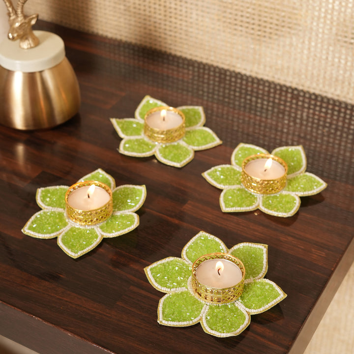 Lotus Bloom Tealight Glitter Edition Candle Holder | Candle Stand Set of 4 – Green