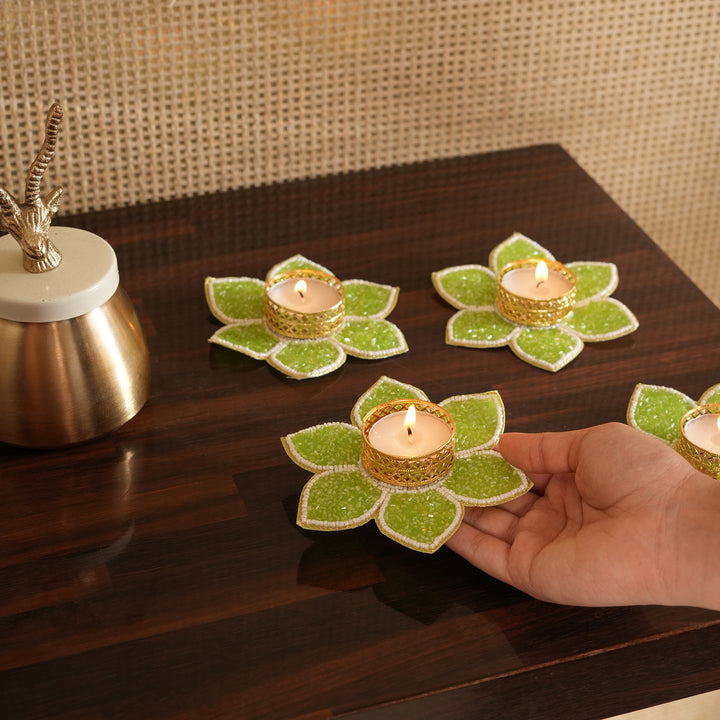 Lotus Bloom Tealight Glitter Edition Candle Holder | Candle Stand Set of 4 – Green