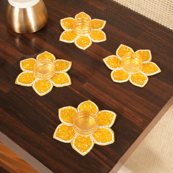 Lotus Bloom Tealight Glitter Edition Candle Holder | Candle Stand Set of 4 – Yellow
