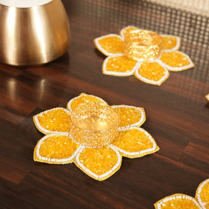 Lotus Bloom Tealight Glitter Edition Candle Holder | Candle Stand Set of 4 – Yellow