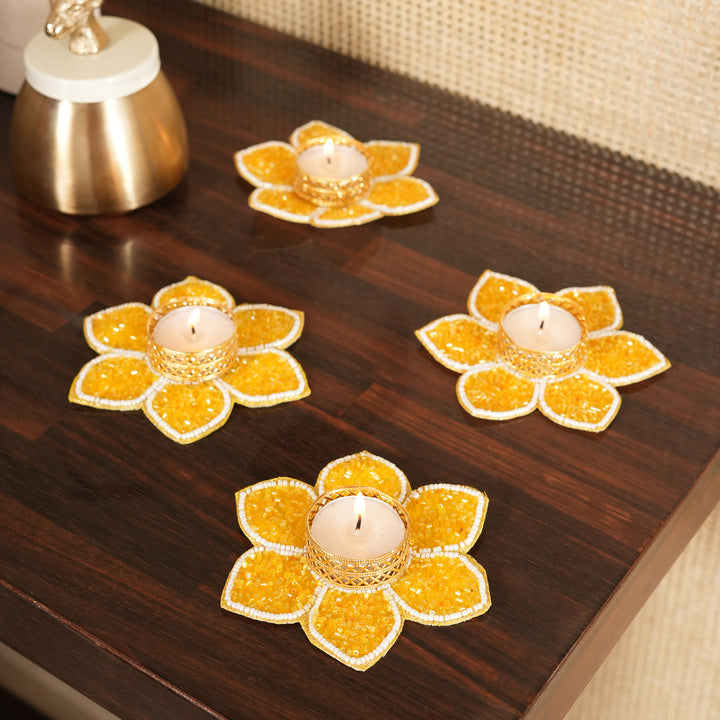 Lotus Bloom Tealight Glitter Edition Candle Holder | Candle Stand Set of 4 – Yellow