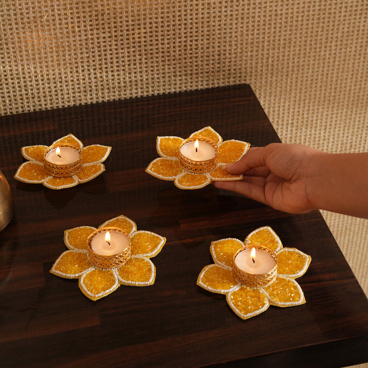 Lotus Bloom Tealight Glitter Edition Candle Holder | Candle Stand Set of 4 – Yellow