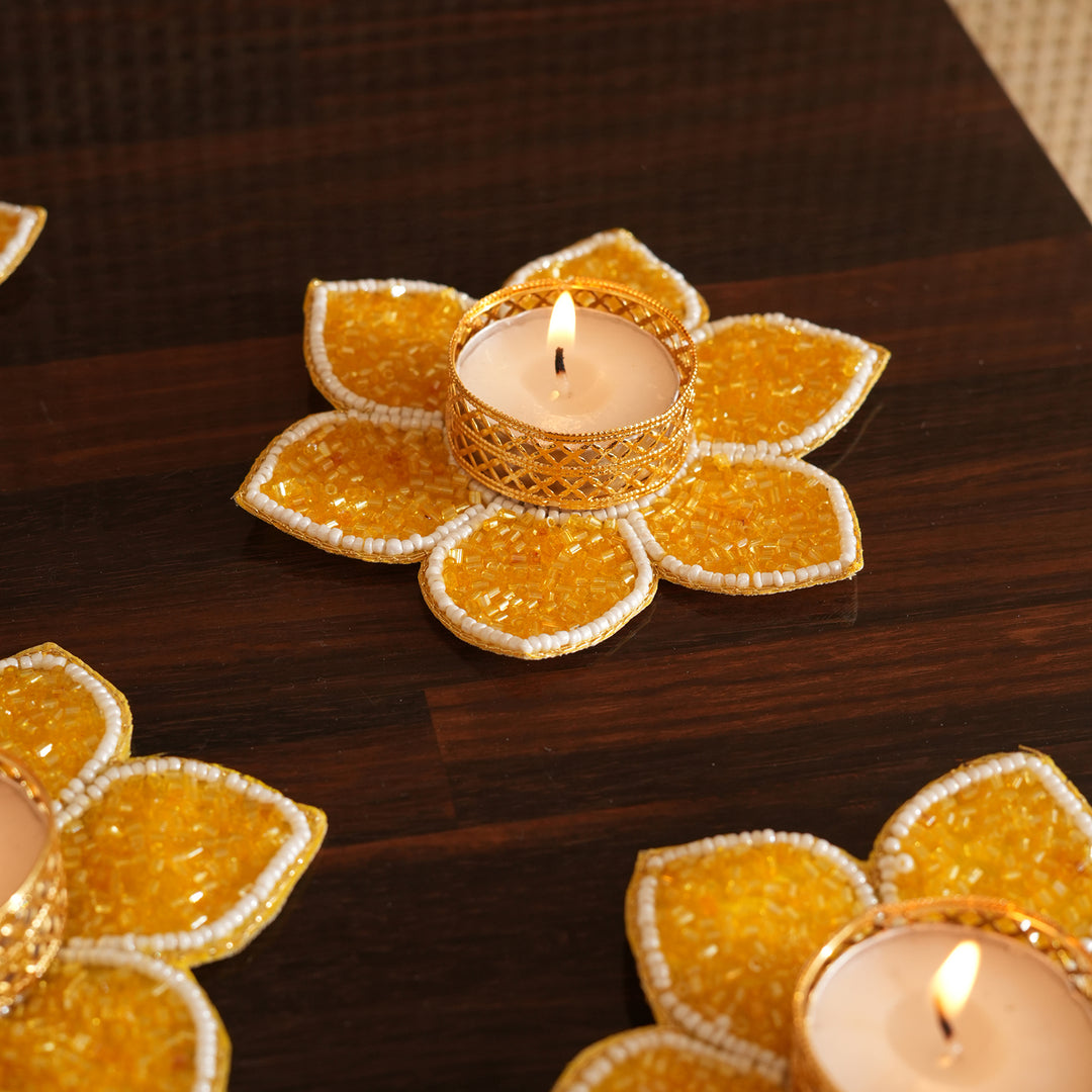 Lotus Bloom Tealight Glitter Edition Candle Holder | Candle Stand Set of 4 – Yellow
