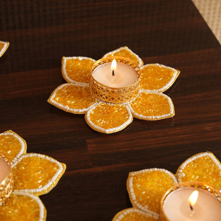 Lotus Bloom Tealight Glitter Edition Candle Holder | Candle Stand Set of 4 – Yellow