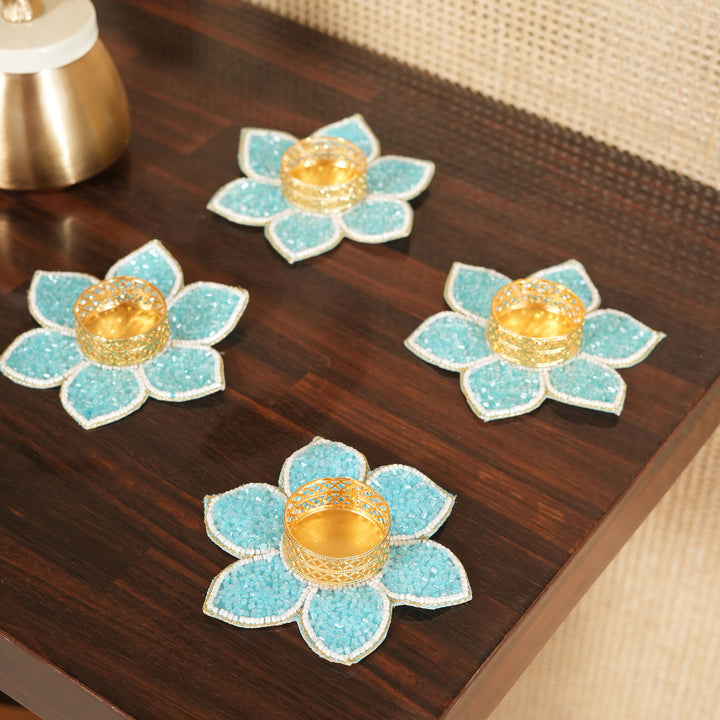 Lotus Bloom Tealight Glitter Edition Candle Holder | Candle Stand Set of 4 – Aqua