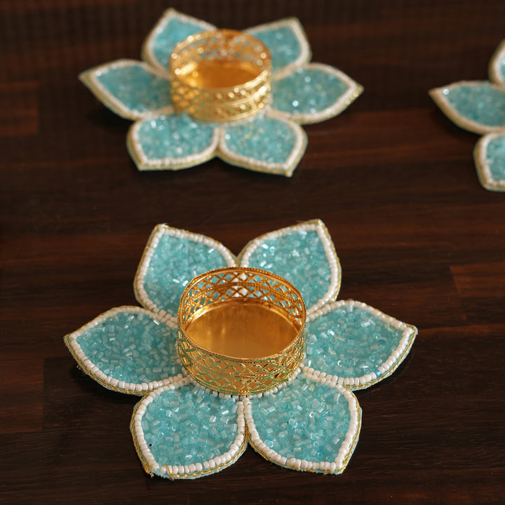 Lotus Bloom Tealight Glitter Edition Candle Holder | Candle Stand Set of 4 – Aqua
