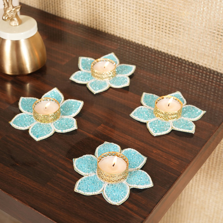 Lotus Bloom Tealight Glitter Edition Candle Holder | Candle Stand Set of 4 – Aqua